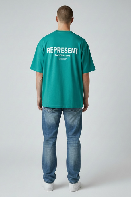 Teal Represent Owners Club Logo Tee shirt with front graphic, casual fit, designed for streetwear style.