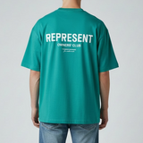 Teal Represent Owners Club Logo Tee shirt with front graphic, casual crewneck design, made from soft cotton fabric.