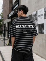 AllSaints Underground Logo striped black t-shirt for men, featuring a bold logo design and classic crew neck style.