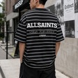 AllSaints Underground Logo striped black t-shirt with crew neck and short sleeves, featuring branding and bold striped pattern.