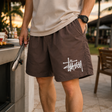 Stussy Basic Big Logo brown nylon shorts for casual wear, featuring a prominent Stussy logo on the front.