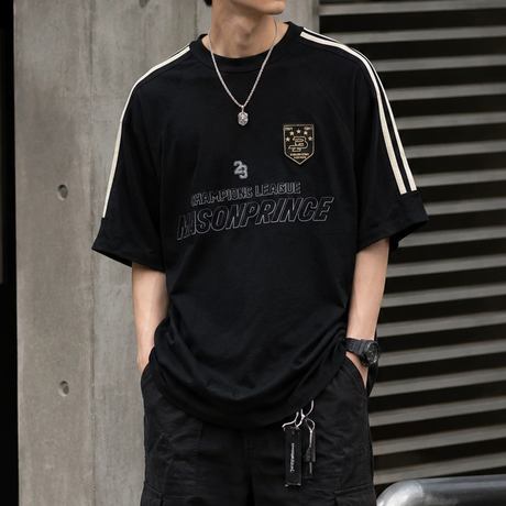 Black MasonPrince Millennium OV raglan tee shirt with contrasting sleeves, casual apparel for everyday wear.