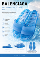 Blue Balenciaga transparent slides, stylish open-toe shoes with clear design and Balenciaga branding, perfect for casual wear.