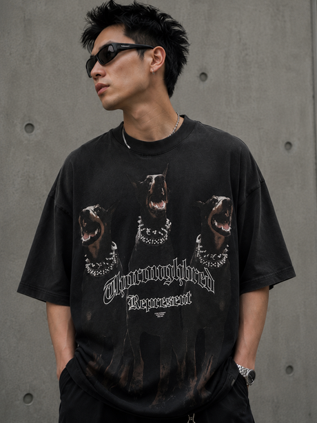 Black Represent Thoroughbred Tee shirt displayed flat, showcasing the front design and casual fit.