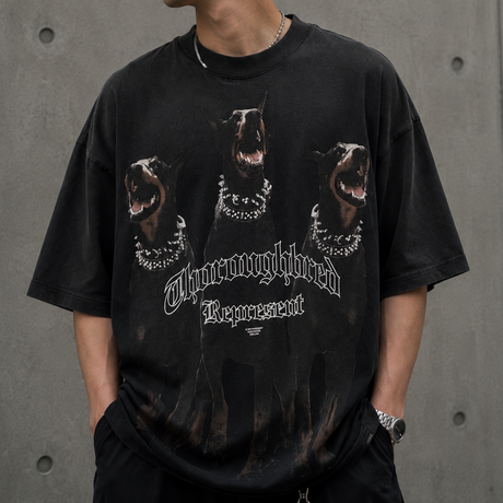 Black Represent Thoroughbred Tee displayed on a flat surface, featuring the brand logo and a classic, casual T-shirt style.