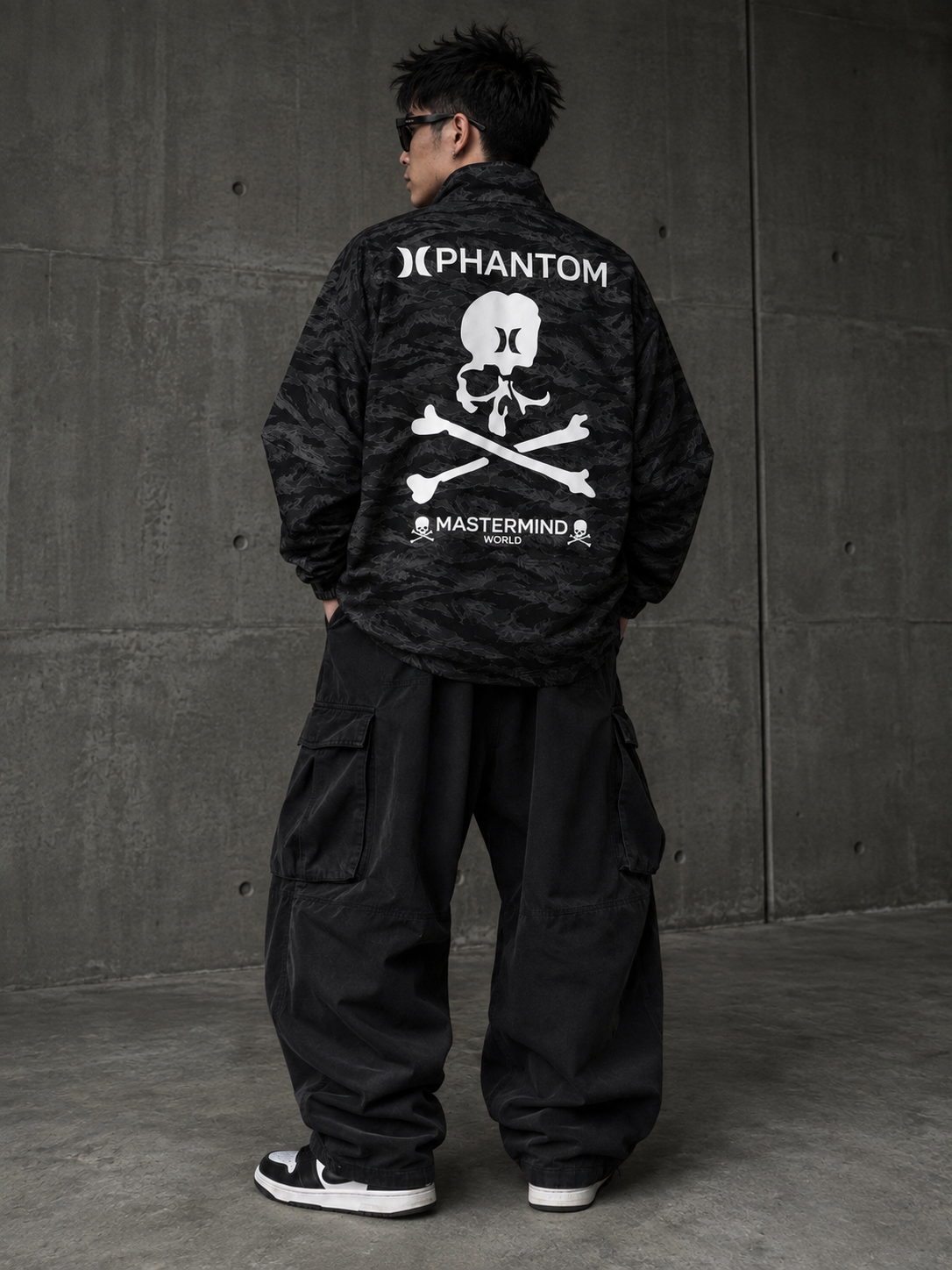 Mastermind Japan Phantom Woven Zip Up Jacket, Hurley collaboration, featuring intricate fabric design and full zip closure.