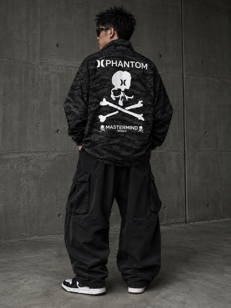 Mastermind Japan Phantom Woven Zip Up Jacket, Hurley collaboration, featuring intricate fabric design and full zip closure.