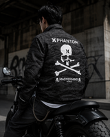 Mastermind Japan Phantom Woven Zip-Up Jacket, Hurley collaboration, shown in a close-up image highlighting the jacket's woven fabric and design.