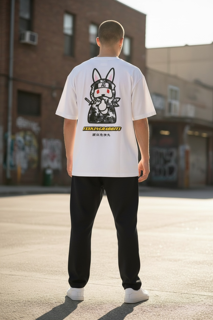 White FR2 Ninja Tee, casual apparel with ninja graphic design, featuring a comfortable fit and soft fabric.