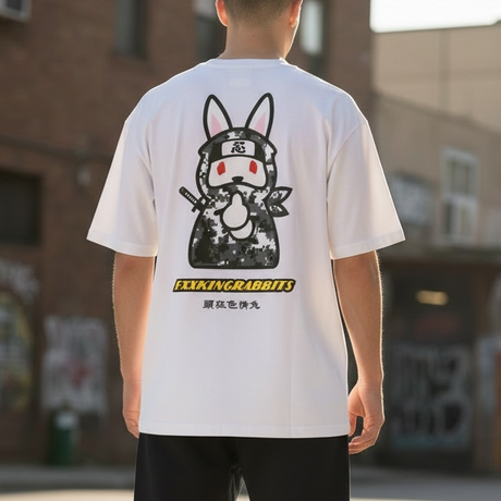 White FR2 Ninja Tee from #FR2 apparel, showing the front view with ninja graphic design on the white cotton t-shirt.