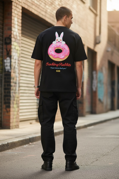 Black FR2 Sugar Donut Tee shirt featuring colorful donut graphic, casual apparel for streetwear and everyday style.