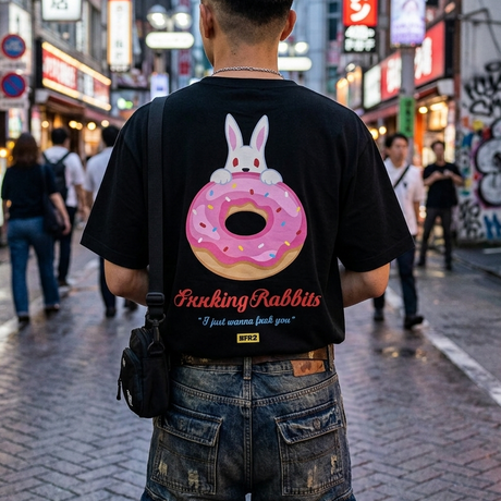 Black FR2 Sugar Donut Tee, a stylish casual apparel shirt with colorful donut graphic, displayed on a plain background.