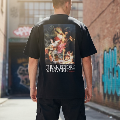 Black FR2 Think Before You Smoke art t-shirt featuring bold graphic design and casual fit, made from comfortable fabric.