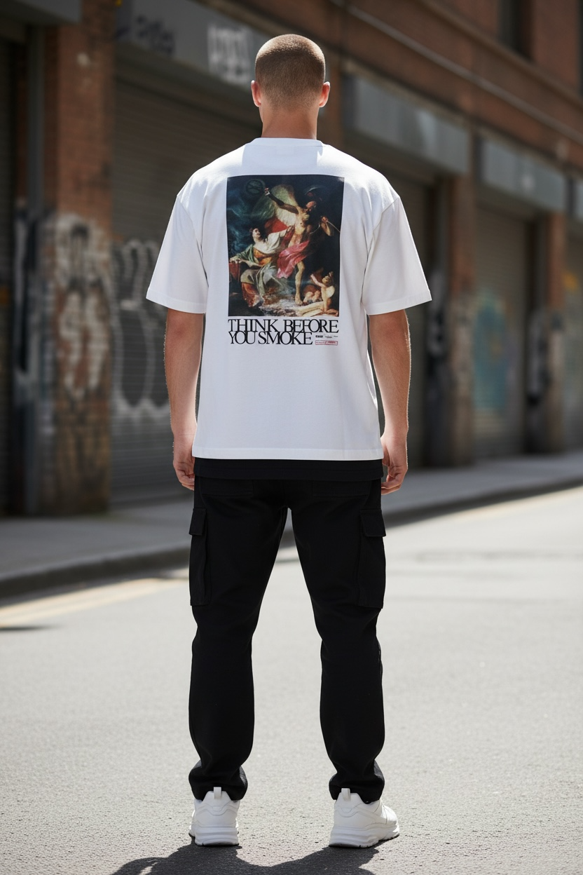 White FR2 Think Before You Smoke art T-shirt featuring bold graphic design and casual fit, crafted by the #FR2 apparel brand.