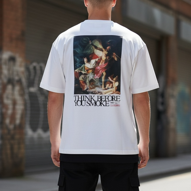 White FR2 Think Before You Smoke art t-shirt with graphic design, casual apparel featuring bold printed artwork.