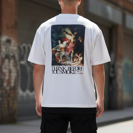 White FR2 Think Before You Smoke art t-shirt with graphic design, casual apparel featuring bold printed artwork.