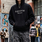 Black Supreme Classic Logo Hoodie, casual apparel featuring the iconic Supreme brand logo on the front.