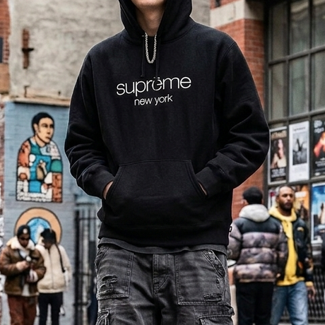 Black Supreme Classic Logo Hoodie, casual apparel featuring the iconic Supreme brand logo on the front.