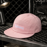 Pink Supreme Box Logo Chino Twill Cap, stylish headwear with adjustable strap and iconic logo embroidery.