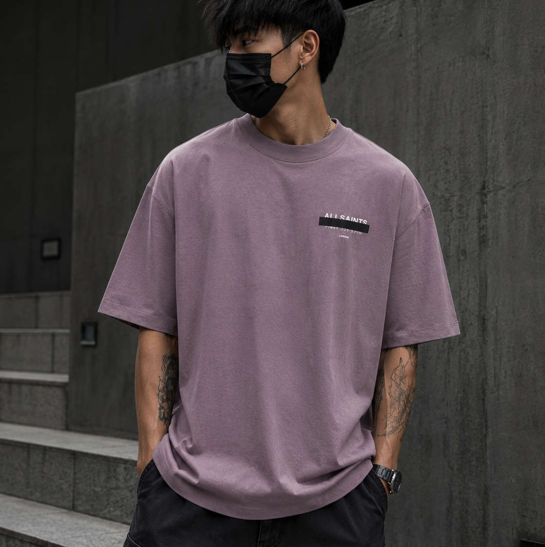 AllSaints Redact Strikeout Logo Tee in puce purple, casual t-shirt with bold logo graphic and relaxed fit.