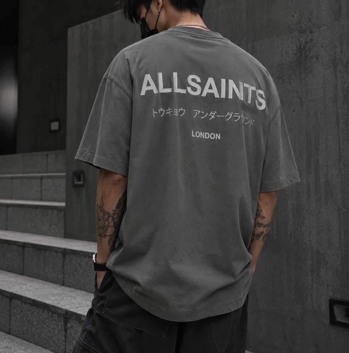 AllSaints Underground Logo Tee in Garnet Green displayed, featuring the brand's logo graphic on a casual t-shirt for men.