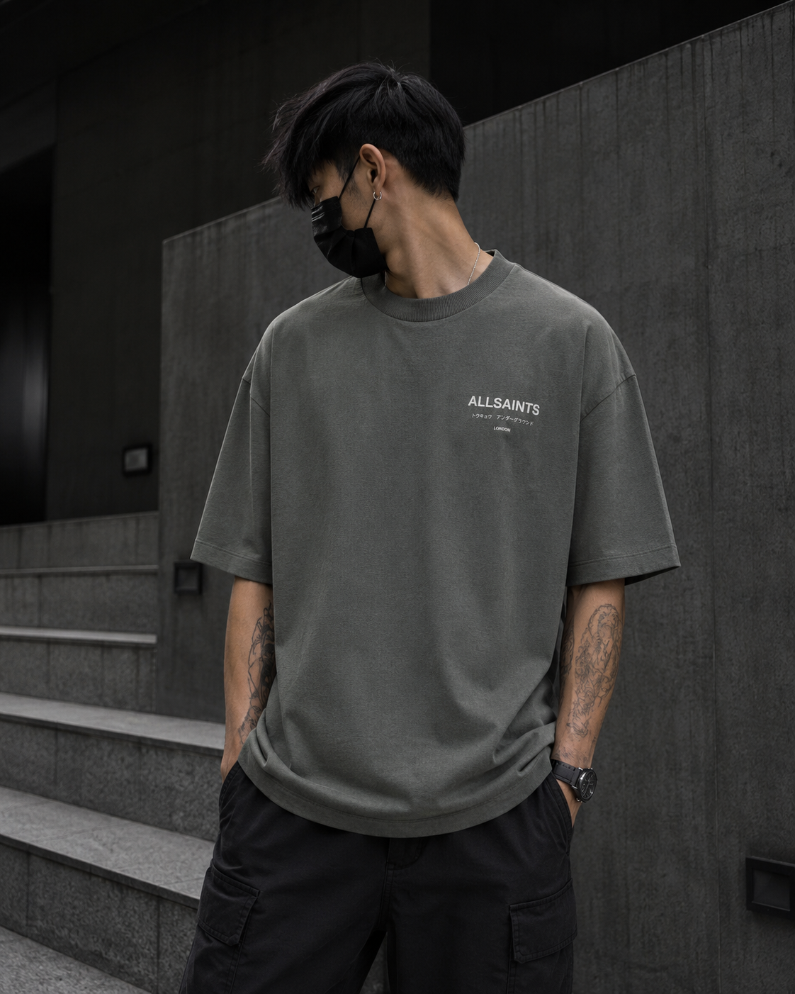 AllSaints Underground Logo Tee in Garnet Green, casual men's t-shirt with logo print, soft cotton fabric, stylish everyday apparel