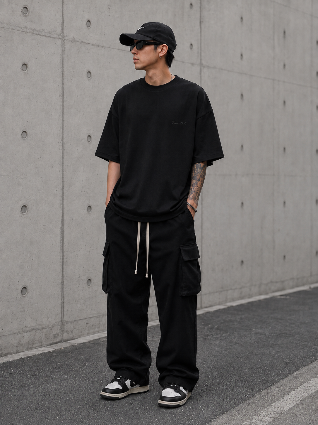 Black Fear of God Essentials Pique Signature 90s Tee displayed, featuring a classic casual fit and logo branding.