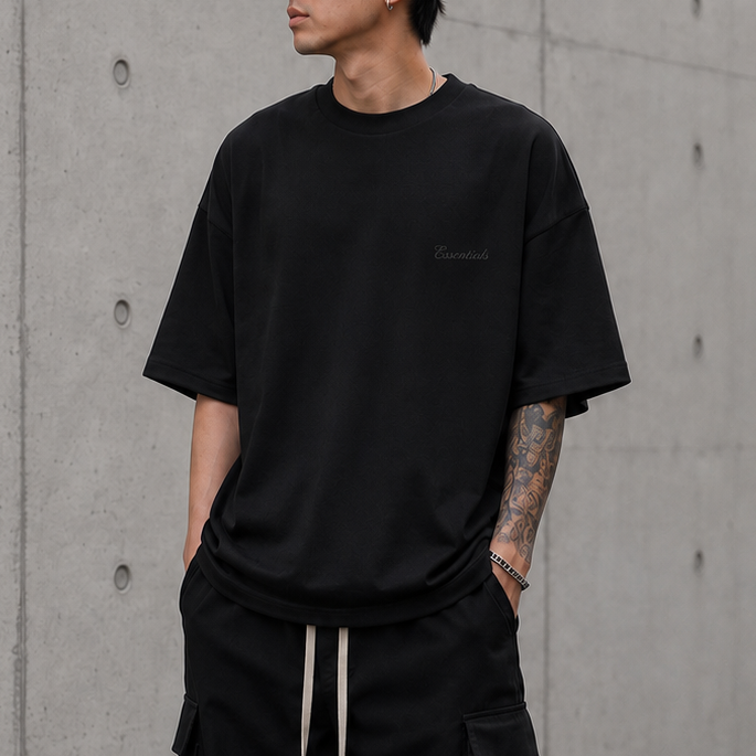 Black Fear of God Essentials Pique Signature 90s Tee, casual men's apparel with classic fit and minimalist design.