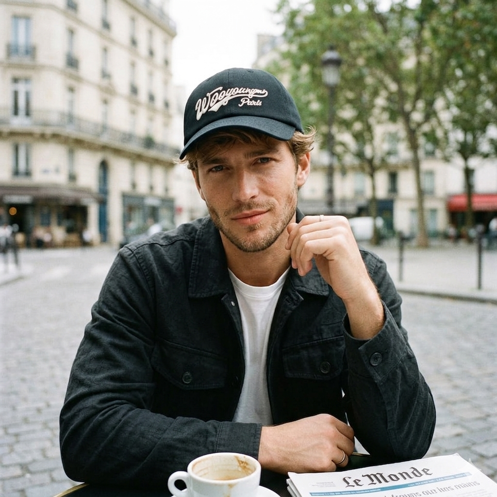 Black Wooyoungmi Script Logo Cap, stylish headwear with embroidered logo, crafted by WOOYOUNGMI.
