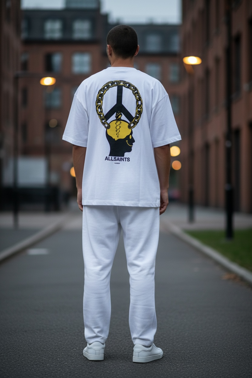 AllSaints Peace Chain Tee in white, casual crewneck t-shirt with chain graphic, designed for relaxed, stylish wear.