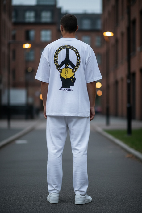 AllSaints Peace Chain Tee in white, casual crewneck t-shirt with chain graphic, designed for relaxed, stylish wear.