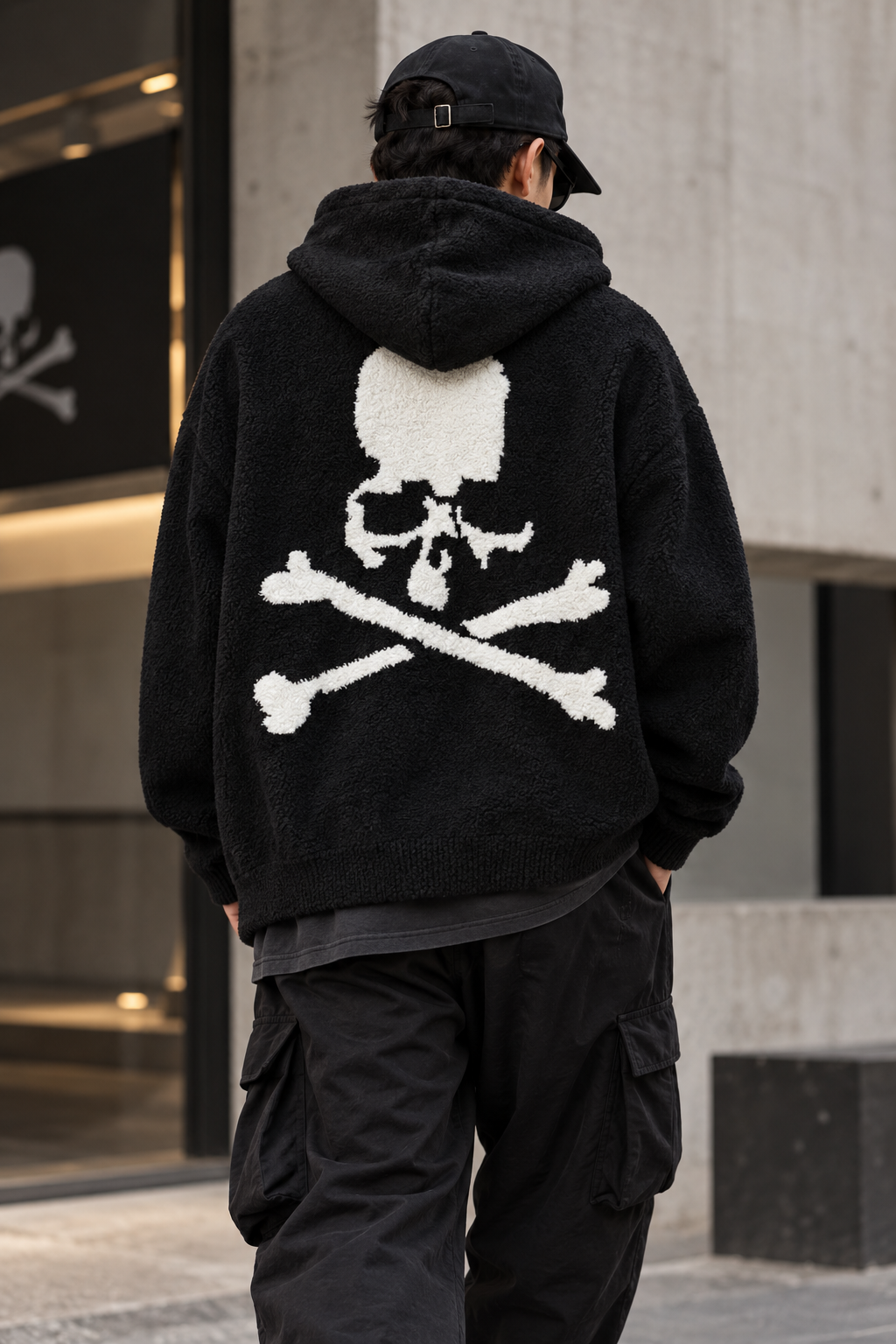 Black and white Mastermind Japan lounge hoodie, casual apparel with logo details, shown on a hanger.