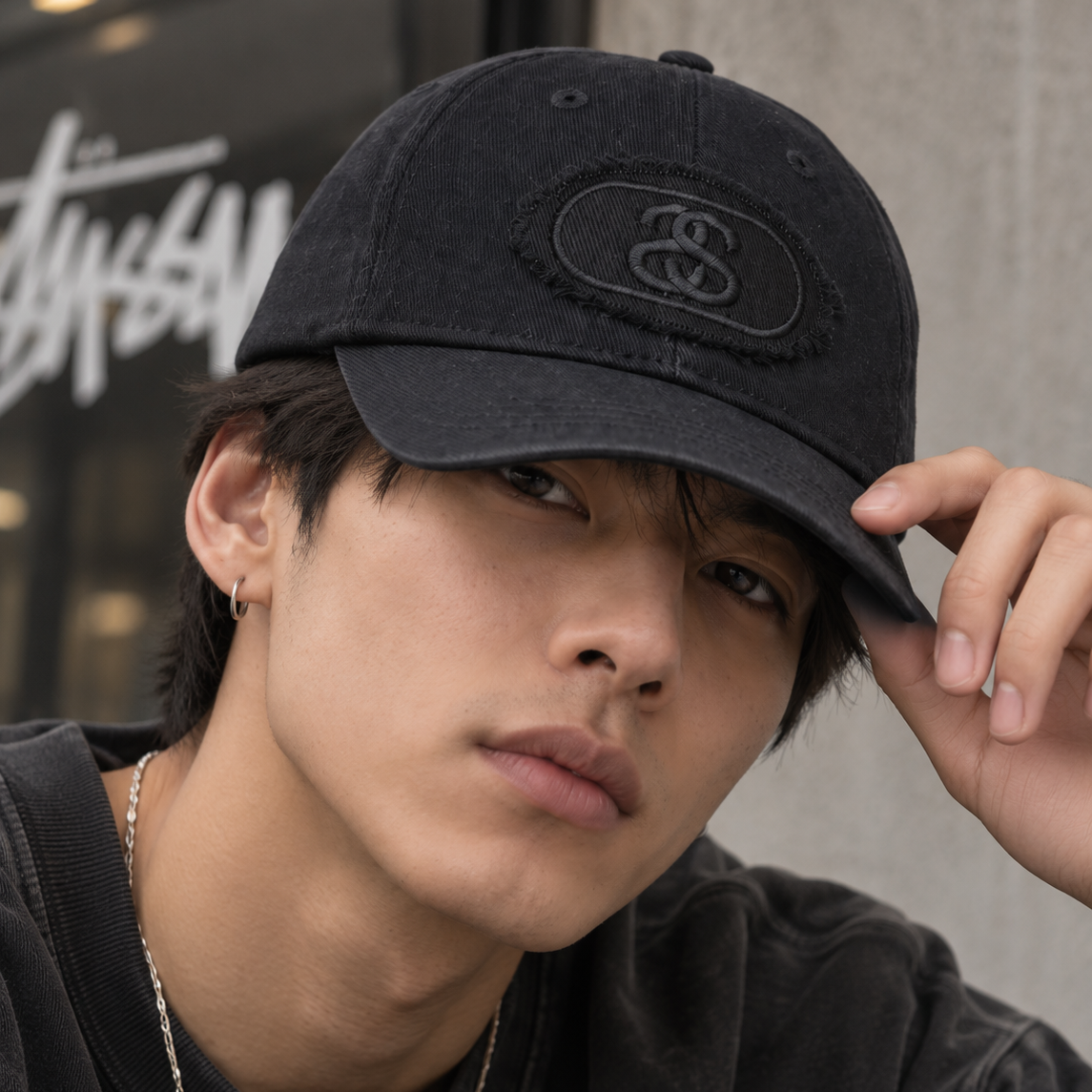 Black Stussy Pill Logo snapback hat featuring a curved brim and adjustable strap, styled as a casual streetwear headwear accessory.