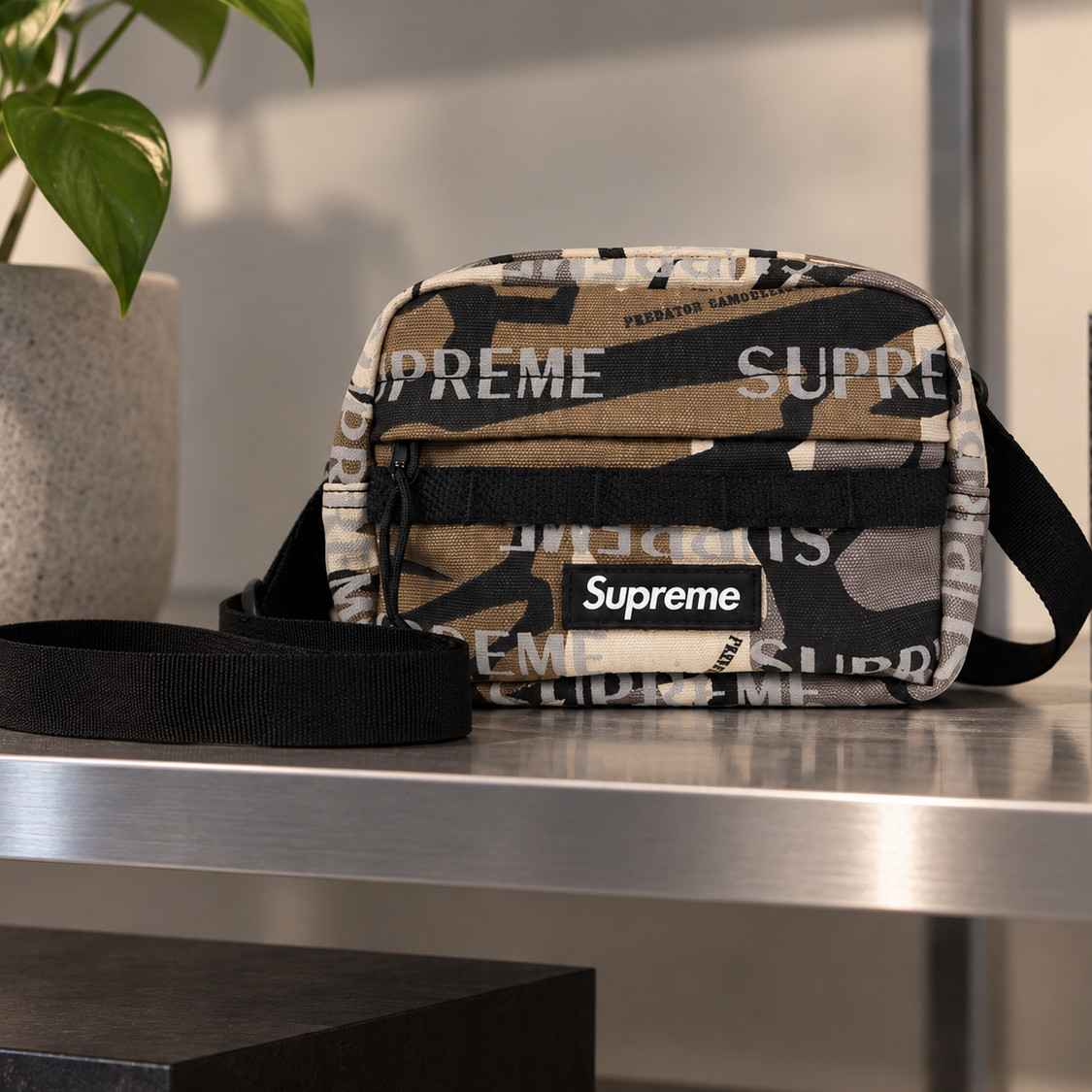 Supreme Reflective Monogram Logo Mini Shoulder Bag with Predator Camo pattern, featuring adjustable strap and compact design.