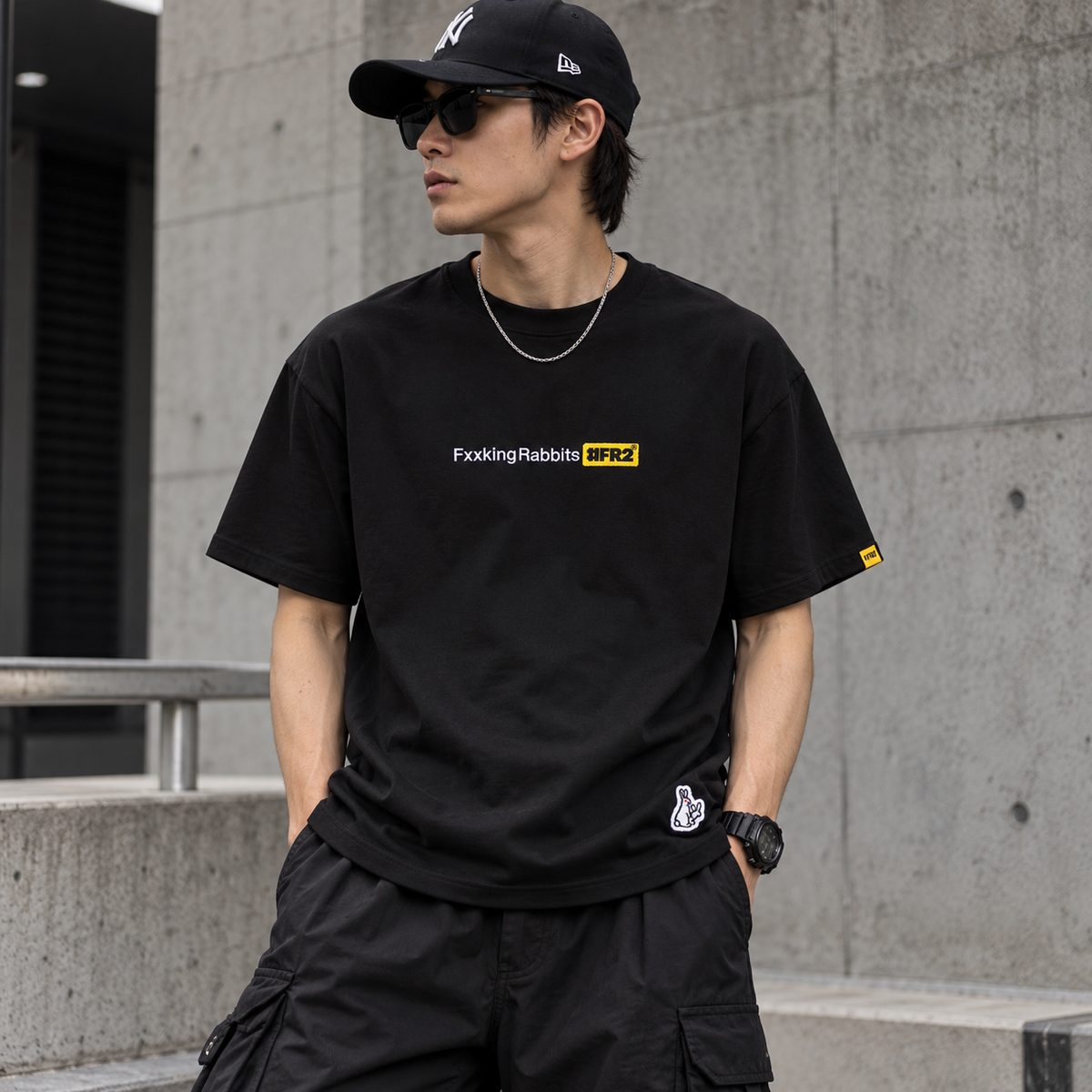 Black FR2 Fxxking Rabbits Logo Tee, a casual men's t-shirt with a bold graphic design and branding on the front.