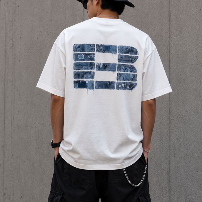 Boneless Faux Denim Applique Logo Tee White