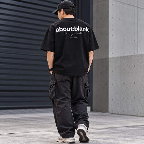 Black AboutBlank Box Logo Tee, casual apparel with a simple box logo design, showcasing comfortable everyday wear.