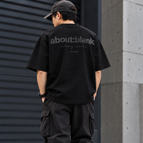 Black ABOUT:BLANK Box Logo Tee shirt with a minimalist box logo on the front, casual apparel for everyday wear.