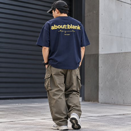 Navy yellow About:Blank Box Logo T-shirt for men, featuring the branded box logo on the front.