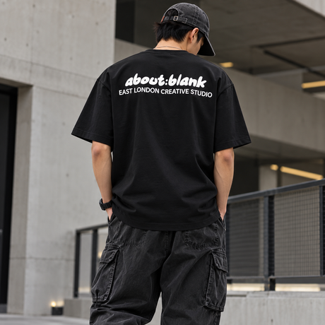 Black AboutBlank Zev Logo Tee shirt, casual apparel with a printed logo design on the front.