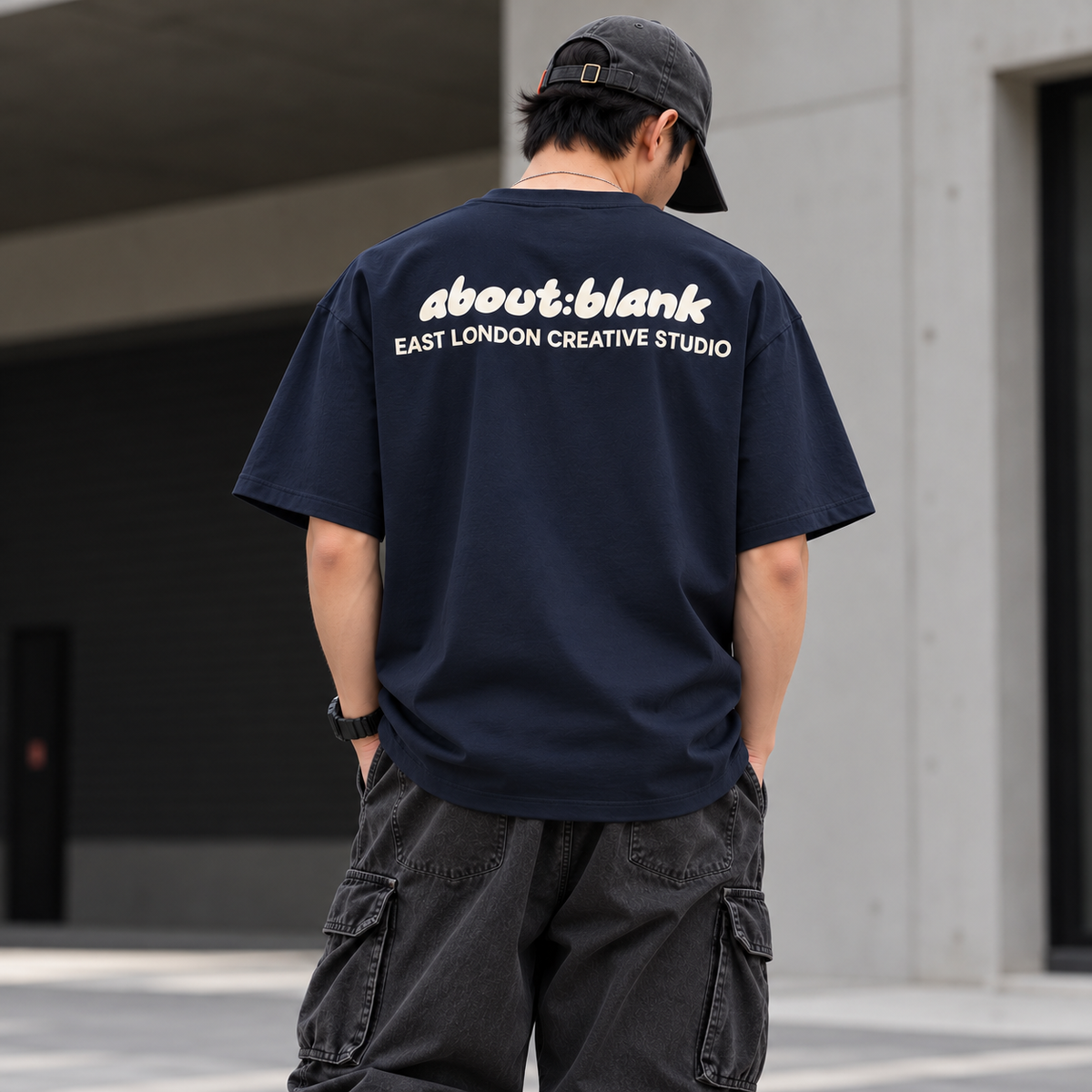 Navy AboutBlank Zev Logo Tee shirt from ABOUT:BLANK, featuring a front Zev logo design on soft cotton fabric.
