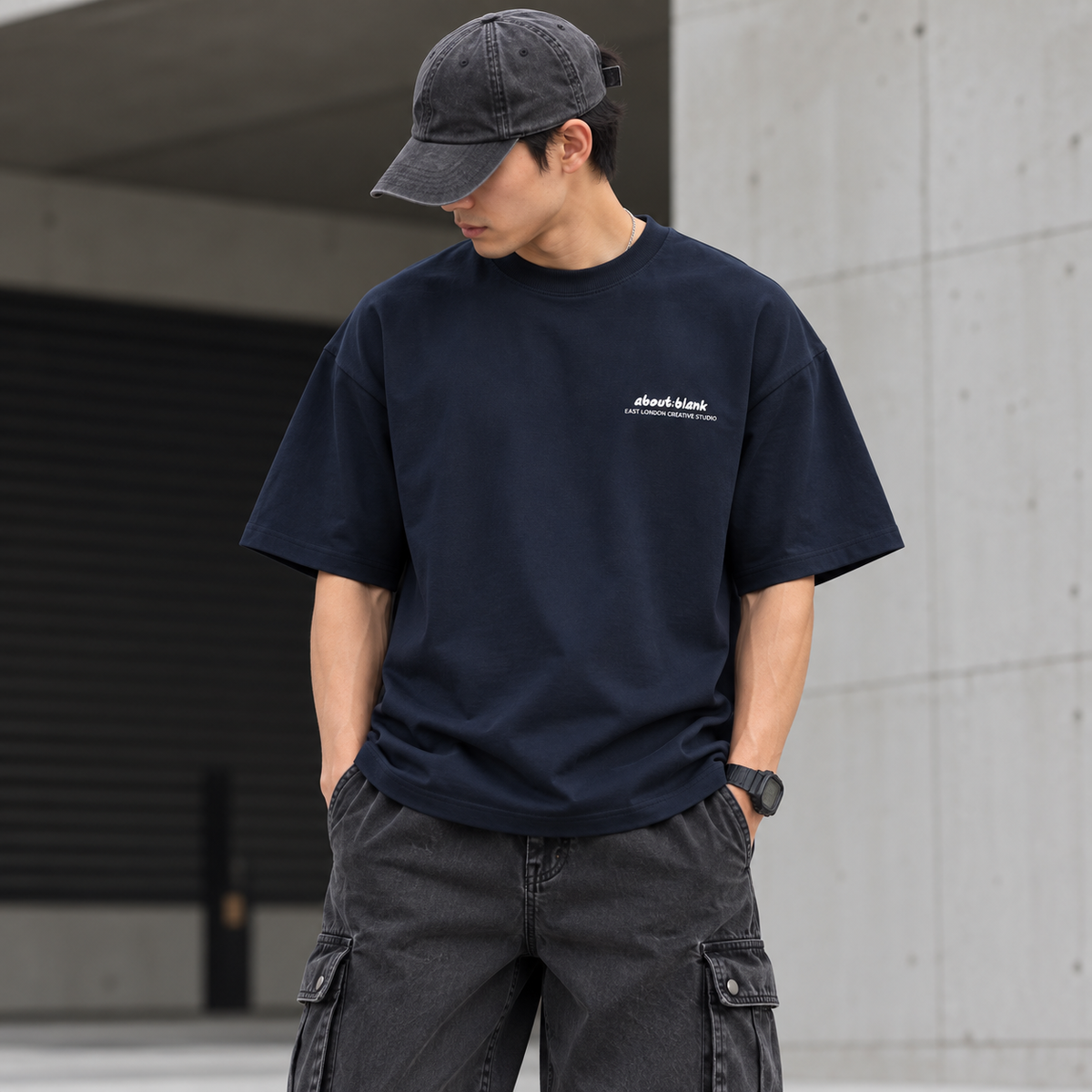 Navy AboutBlank Zev Logo T-shirt with white logo print on front, made of soft cotton, casual fit, designed for everyday wear.