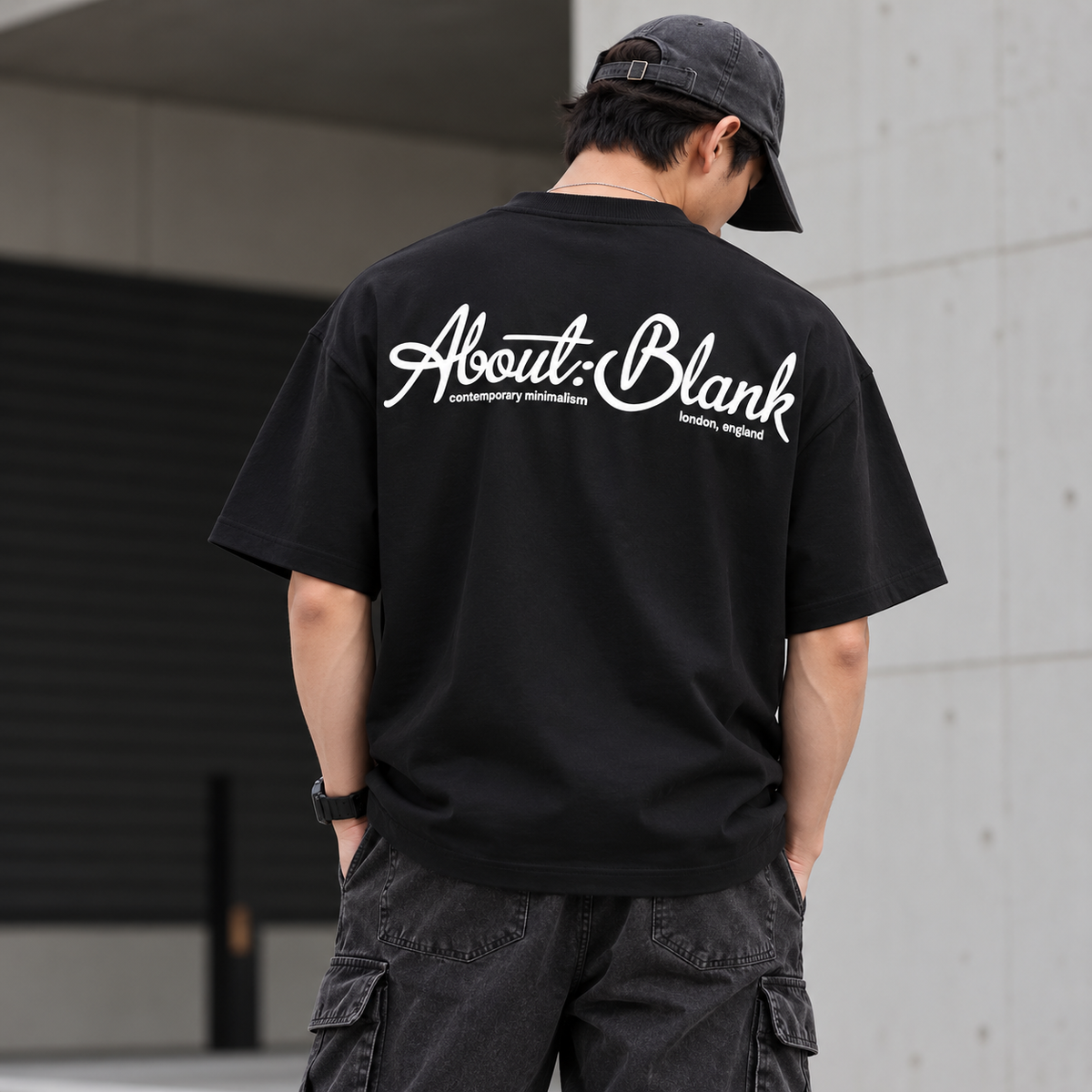 Black AboutBlank Banner Tee from ABOUT:BLANK, featuring a graphic banner design on a casual t-shirt.