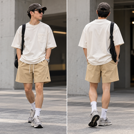 Ralph Lauren Traveler swim shorts in khaki color, casual men's apparel with side pockets and drawstring waistband.