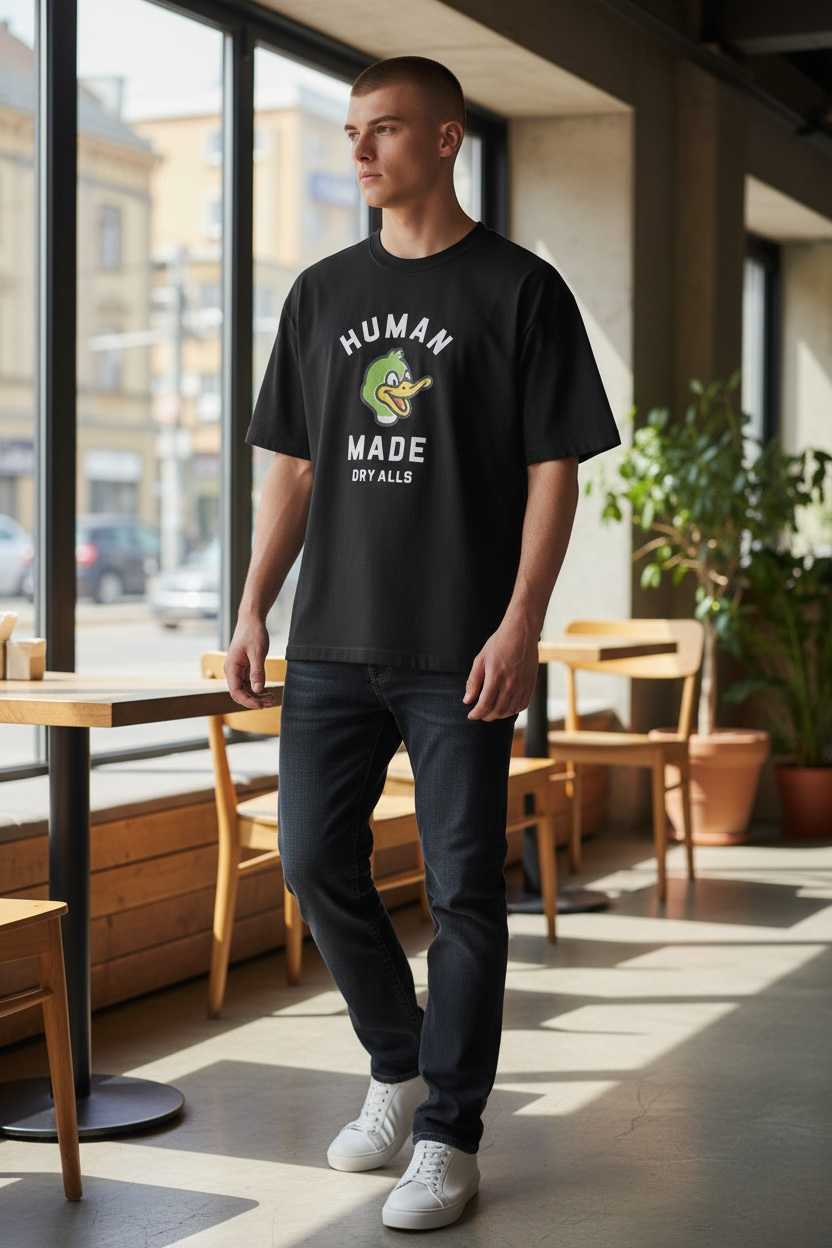 Black Human Made Duck Tee, casual short-sleeve t-shirt with duck graphic print, made from comfortable fabric.