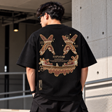 Black Rickyisclown Earth Tribal Embossed T-shirt with embossed tribal design, casual apparel from Rickyisclown, front view.