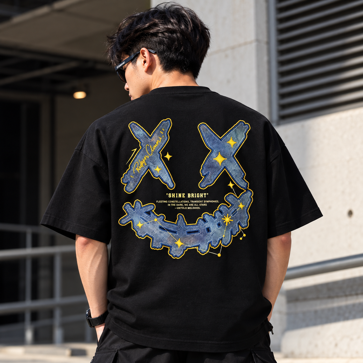 Black Rickyisclown Spark Leather Patch Tee shirt with RICKYISCLOWN branding and graphic design, front view.