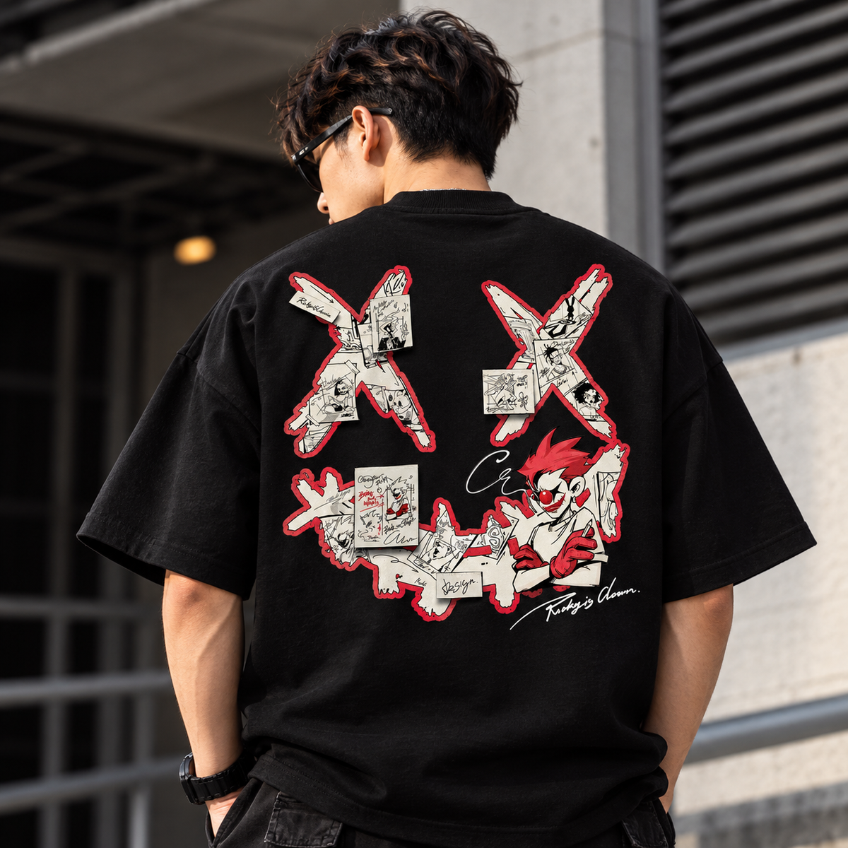 Black Rickyisclown limited edition Comic Joker T-shirt featuring bold graphic design and RICKYISCLOWN branding.