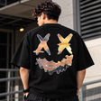 Black Rickyisclown Mountain Smiley T-shirt featuring a colorful mountain and smiley design, casual apparel by RICKYISCLOWN.