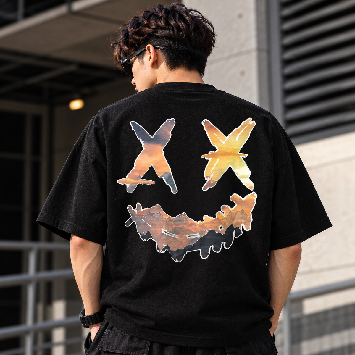 Black Rickyisclown Mountain Smiley T-shirt featuring a colorful mountain and smiley design, casual apparel by RICKYISCLOWN.
